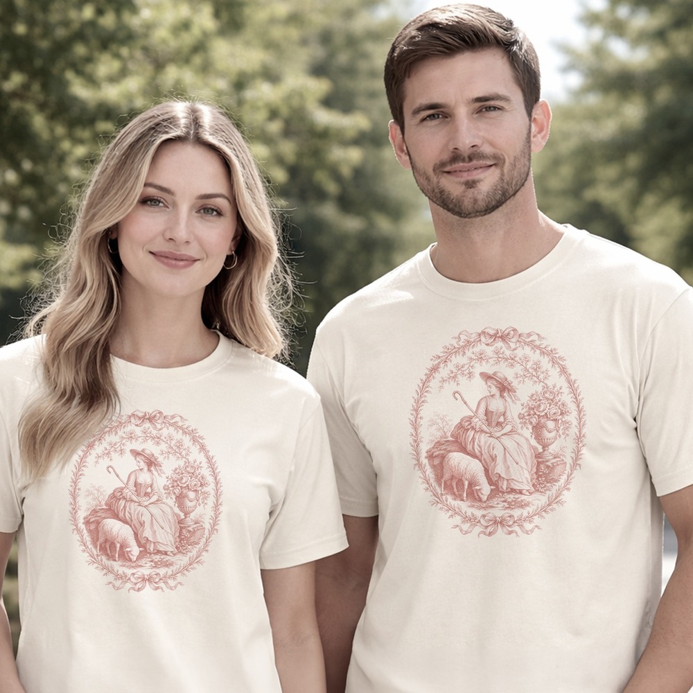 Shepherdess Resting with Her Flock in Floral Wreath Tee
